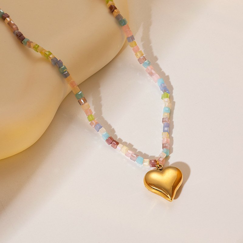 Rainbow Seed Bead Heart Necklace - Image 4