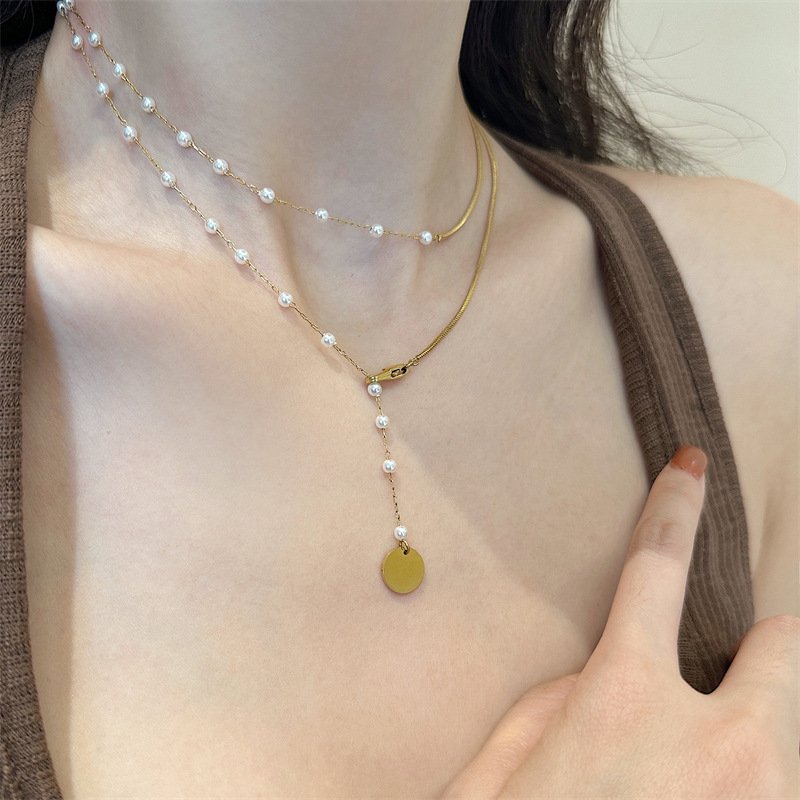 Gold Pearl Snake Chain Layered Necklace