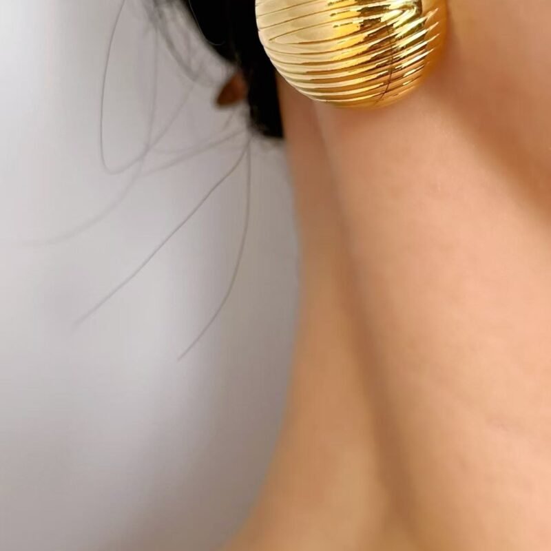 Ribbed Golden Orb Stud Earrings