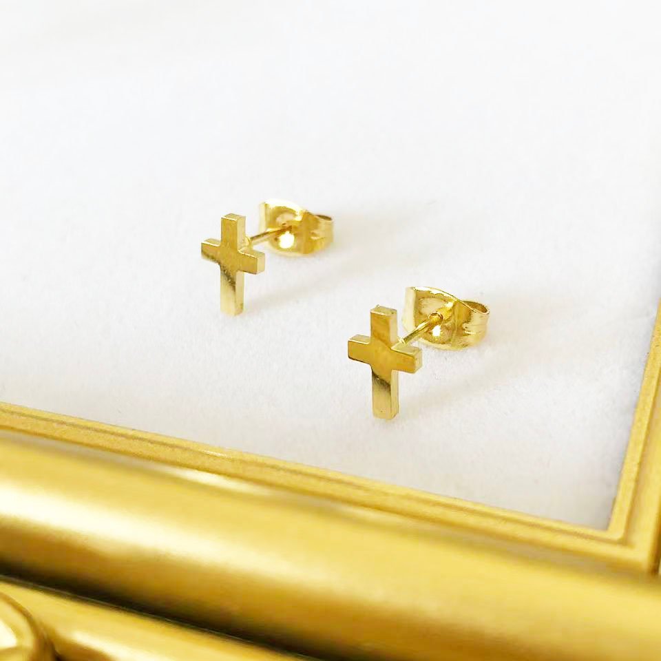 Tiny Gold Cross Stud Earrings - Image 3