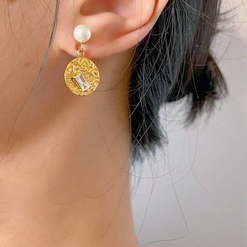 Hammered Pearl Zircon Disc Drops