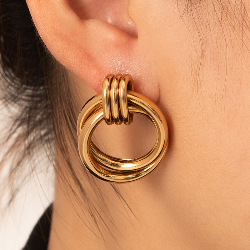 Triple Ring Knot Gold Hoop Earrings