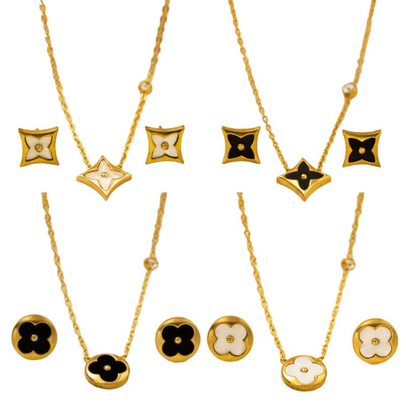 Bezel Clover Necklace & Studs Set