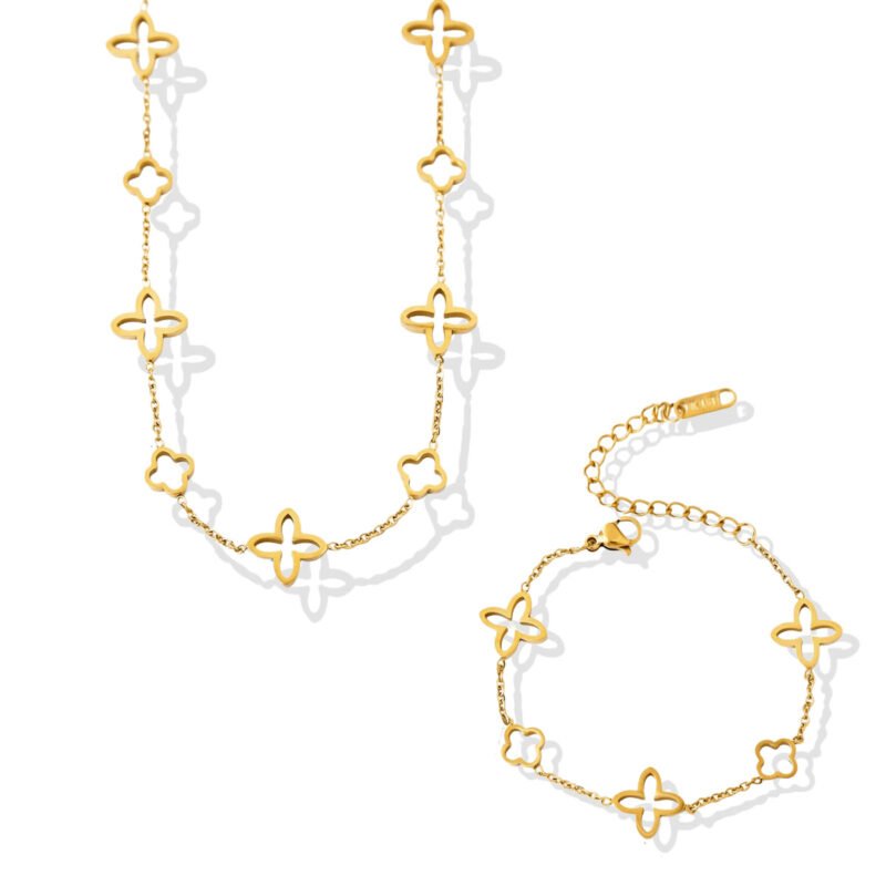 Elegant Hollow Clover Gold Necklace & Bracelet Set