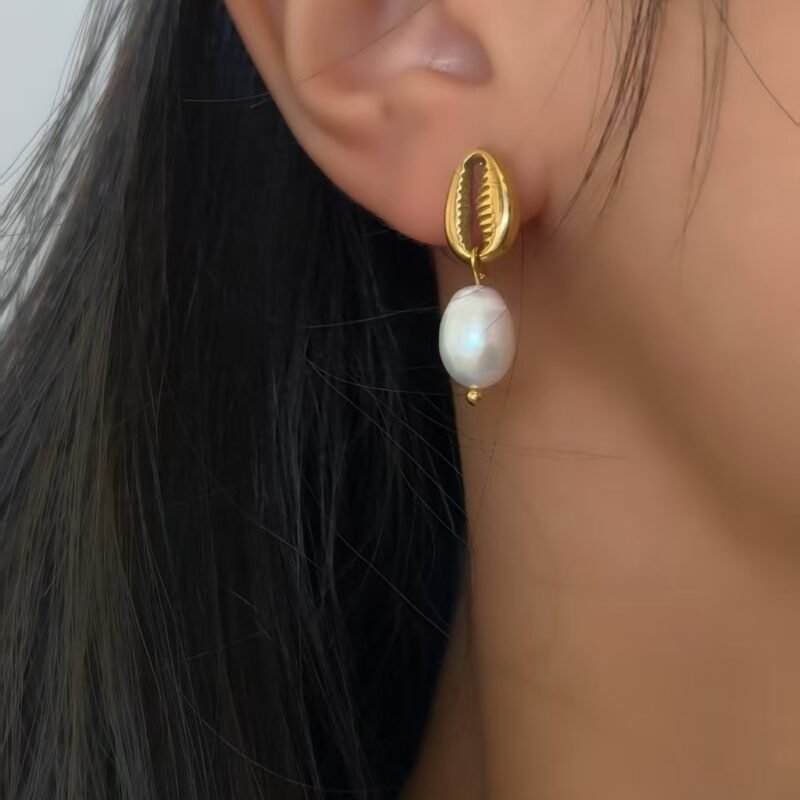 Golden Cowrie Pearl Drop Earrings
