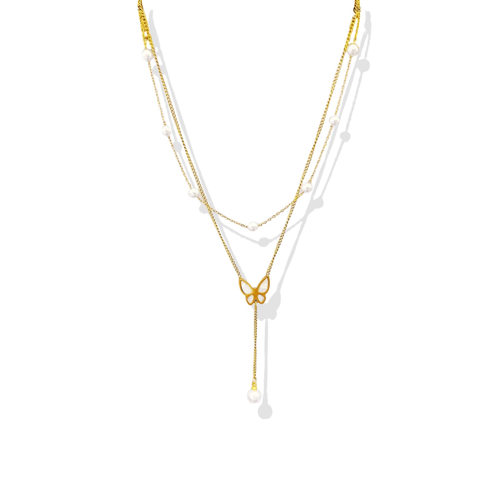 Graceful Butterfly Pearl Layered Necklace