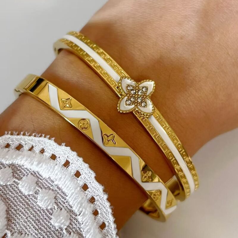 Greek Key Clover Enamel Gold Bangle