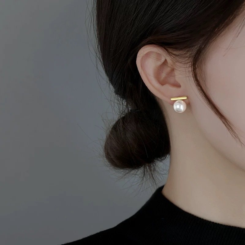 Minimal Pearl Bar Stud Earrings