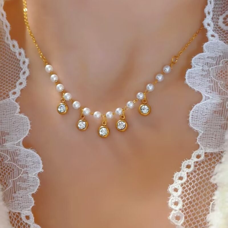 Gold Pearl & Bezel Zircon Dangle Necklace