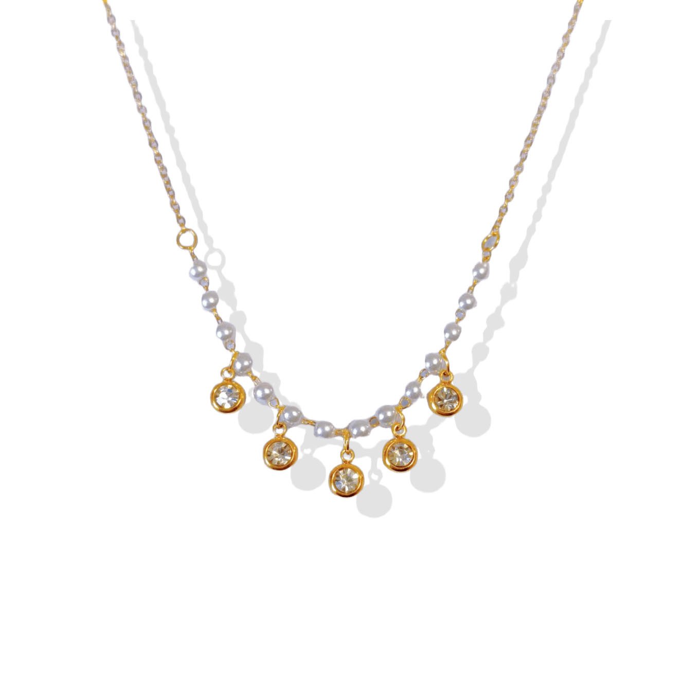 Gold Pearl & Bezel Zircon Dangle Necklace