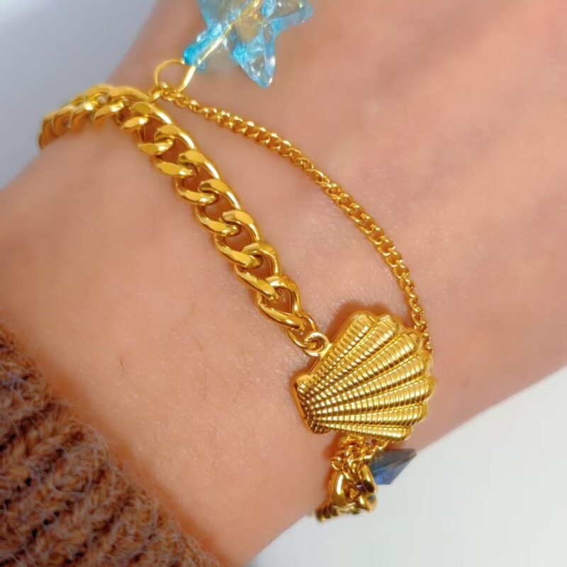 Gold Starfish & Blue Crystal Shell Charm Bracelet
