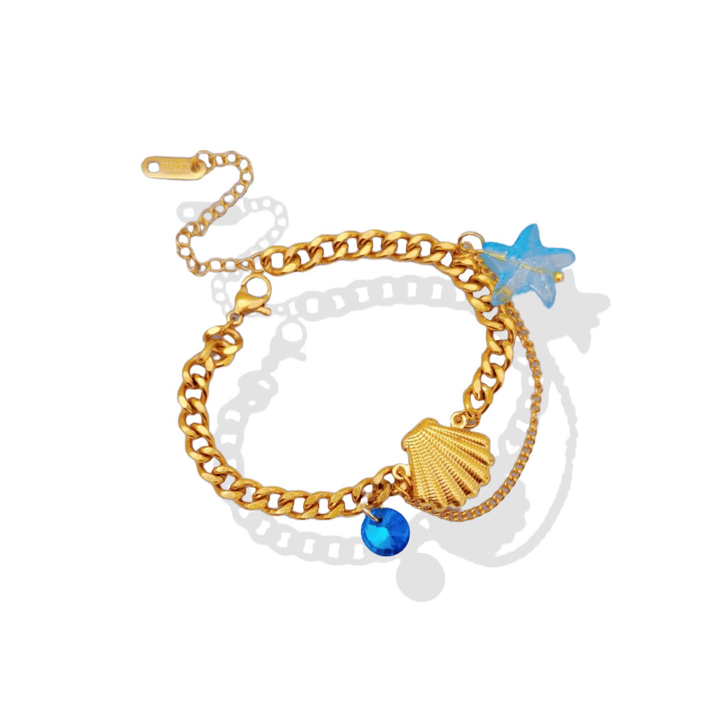 Gold Starfish & Blue Crystal Shell Charm Bracelet