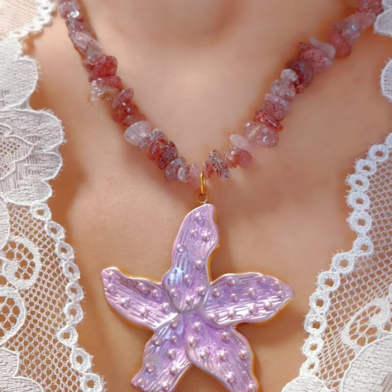 Golden Enamel Pink Starfish Sunstone Necklace