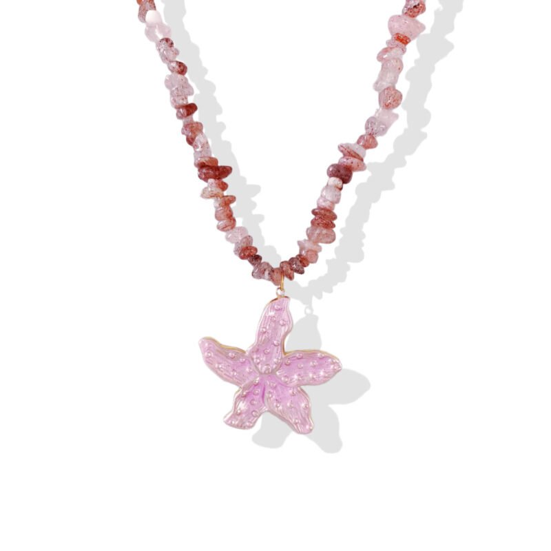 Golden Enamel Pink Starfish Sunstone Necklace
