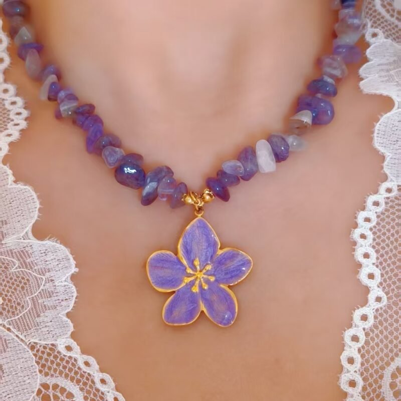 Golden Enamel Violet Flower Lapis Necklace