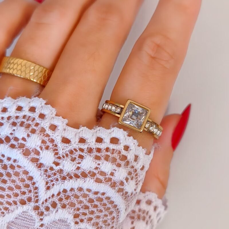 Golden Halo Square Zircon Full Pave Ring