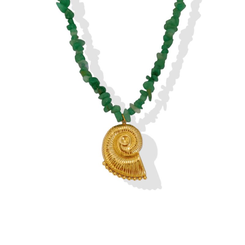 Golden Nautilus Spiral Emerald Chip Necklace