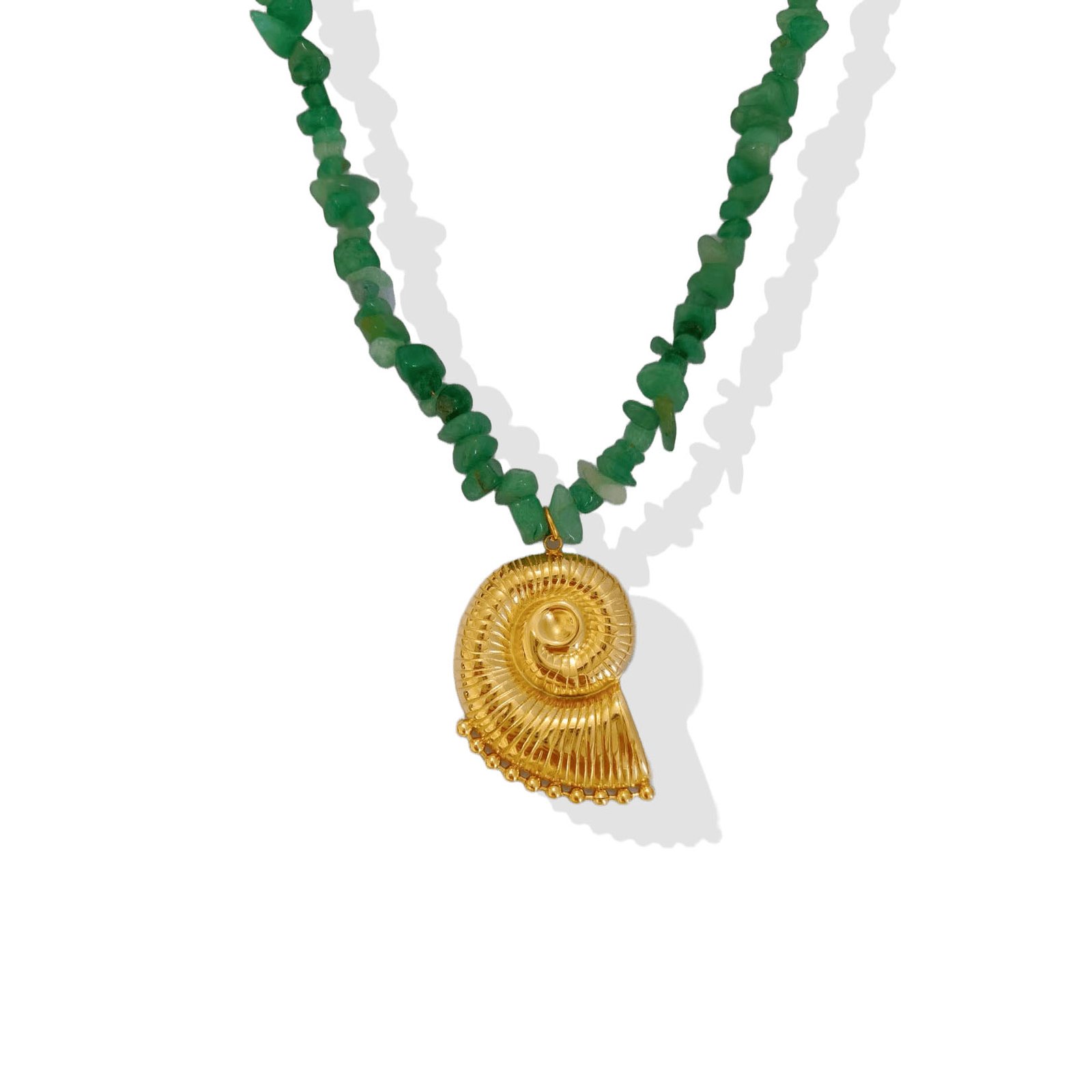 Golden Nautilus Spiral Emerald Chip Necklace