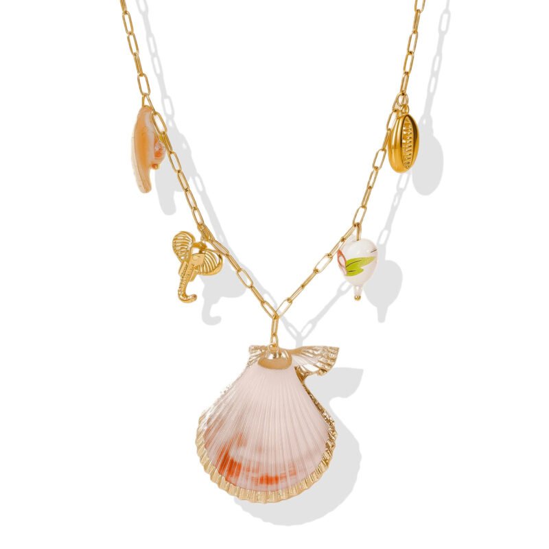 Pink Halo Golden Seashell Multi-Charm Necklace