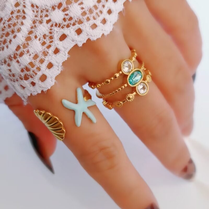 Enamel Starfish & Shell Open Ring