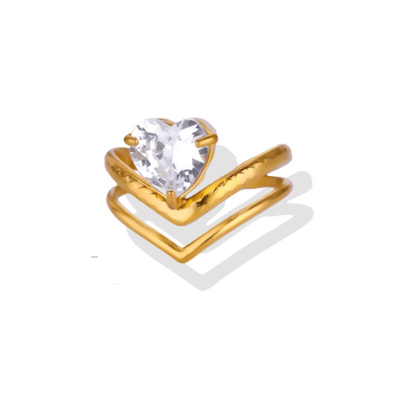 Golden Bold Heart Halo Zircon Open Ring