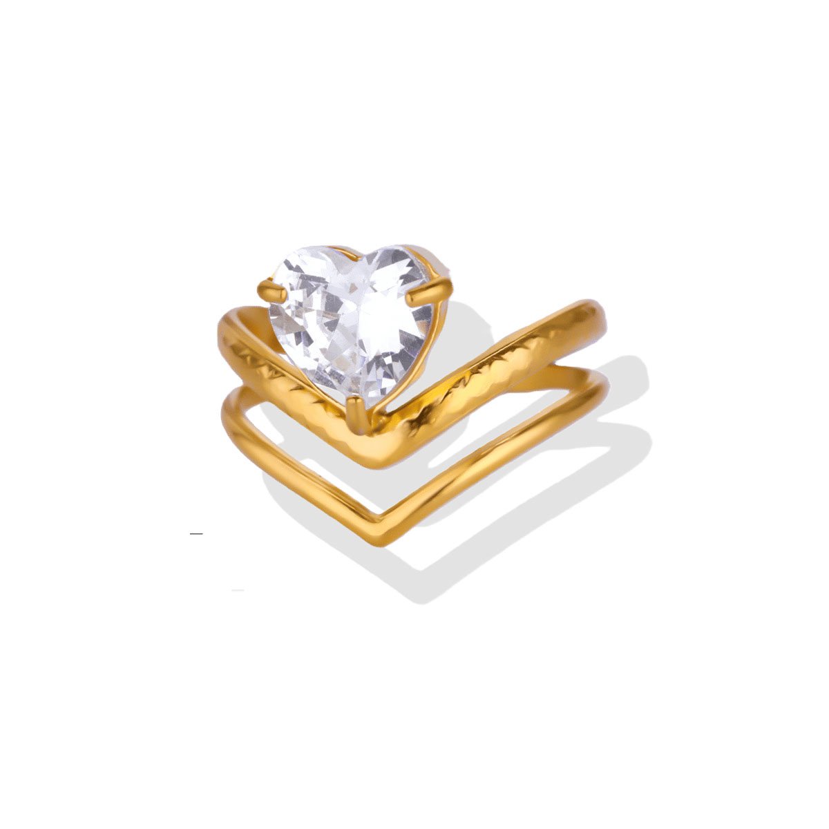 Golden Bold Heart Halo Zircon Open Ring