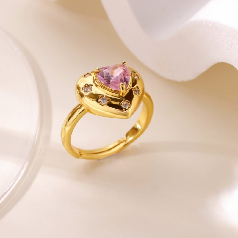 Golden Halo Pink Heart Zircon Open Ring