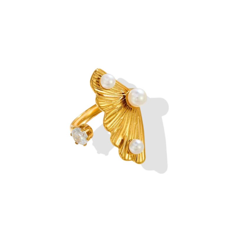 Golden Leaf & Pearl Embrace Open Ring