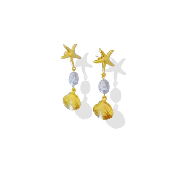 Golden Pearl Seashell & Starfish Drop Earrings