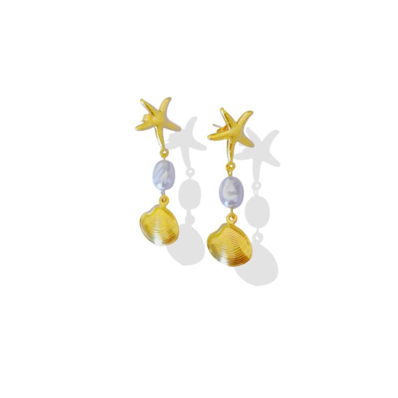 Golden Pearl Seashell & Starfish Drop Earrings