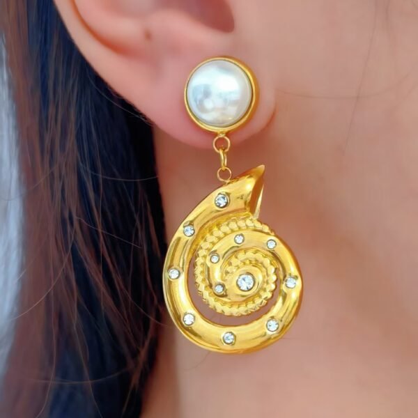 Golden Pearl Spiral Zircon Drop Earrings