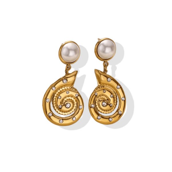 Golden Pearl Spiral Zircon Drop Earrings