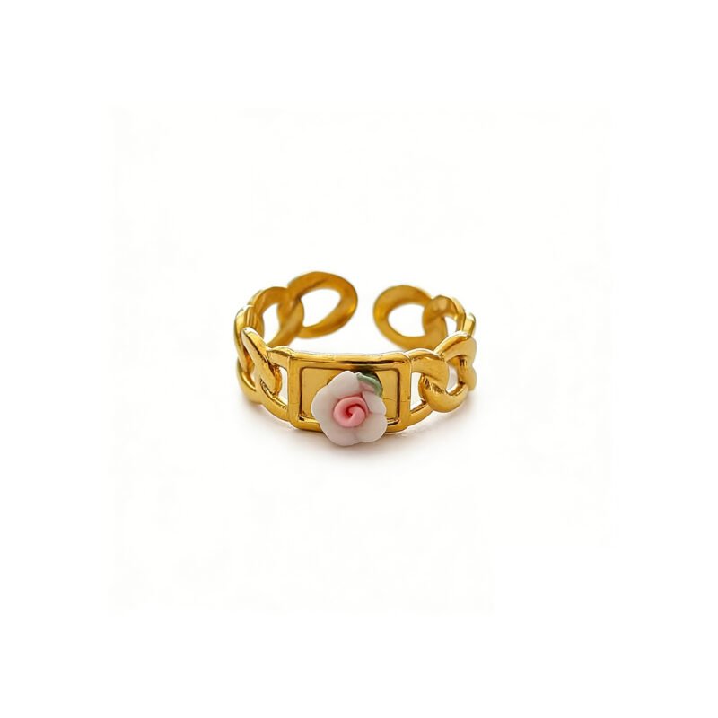 Golden Pink Resin Rose Chain Ring