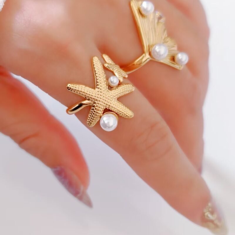 Golden Starfish Pearl Embrace Open Ring