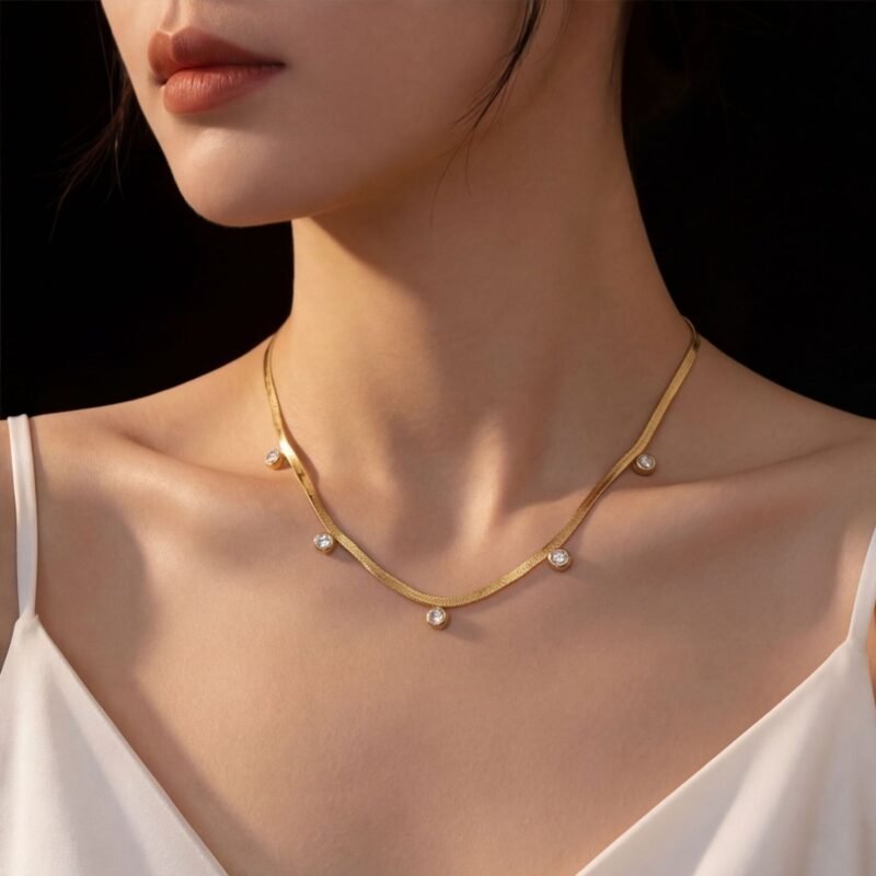 Bezel Zircon Station Snake Chain Necklace
