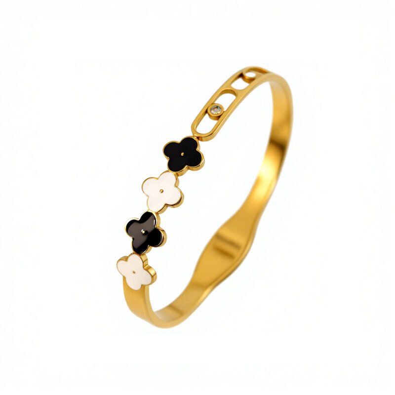 Black & White Clover Gold Bangle