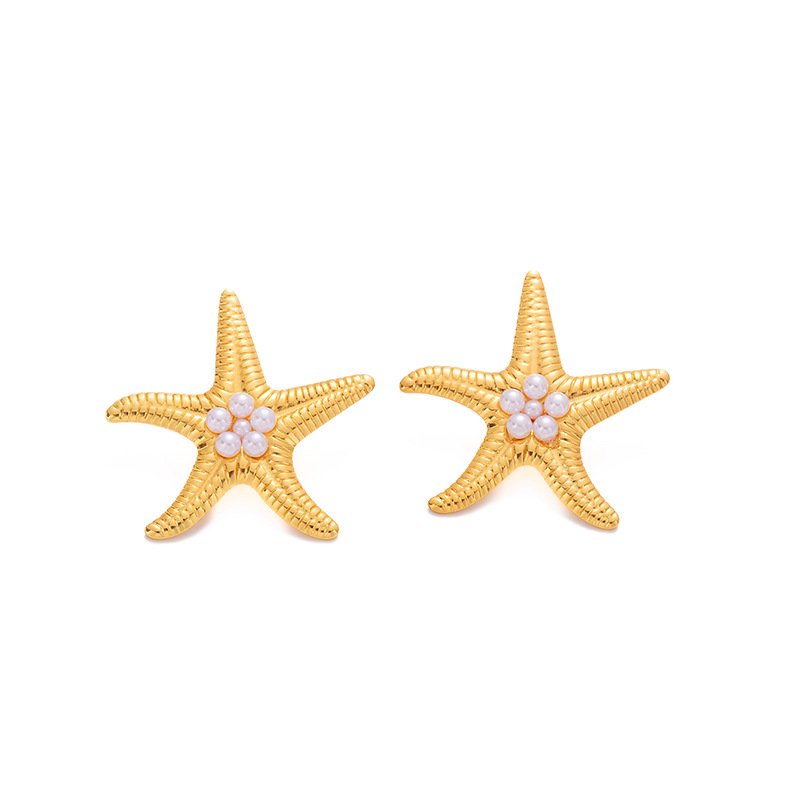 Bold Textured Starfish Earrings with Pearl Cluster Center