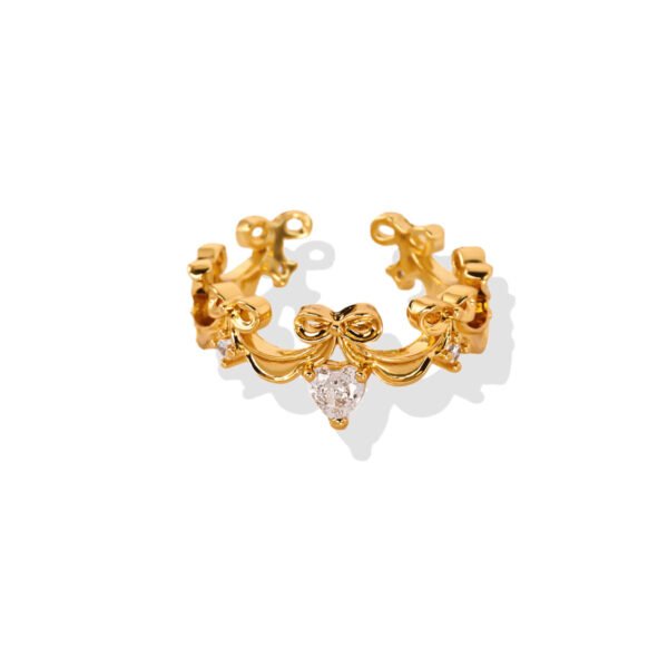 Bow Tiara Heart Zircon Gold Open Band Ring