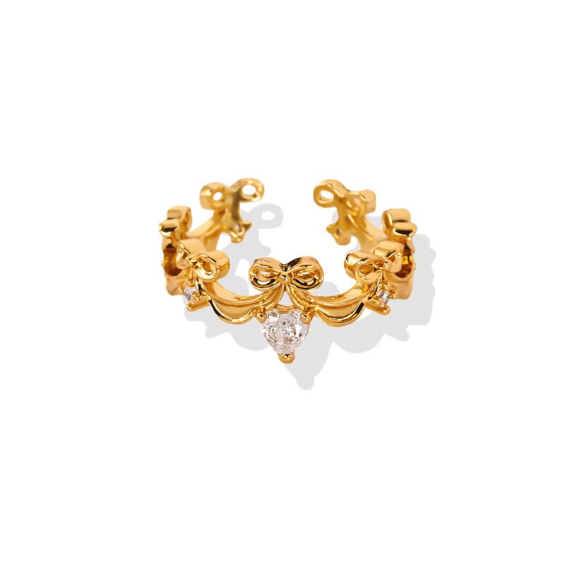 Bow Tiara Heart Zircon Gold Open Band Ring