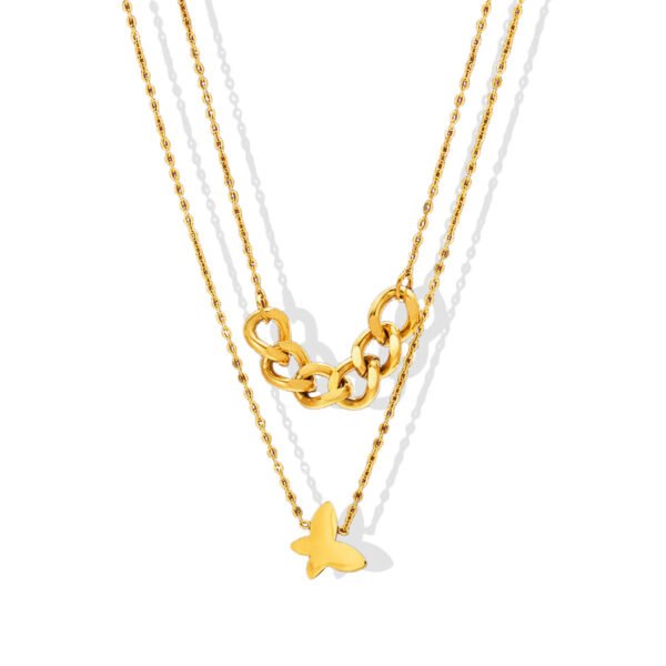 Butterfly & Cuban Link Double Layer Gold Necklace