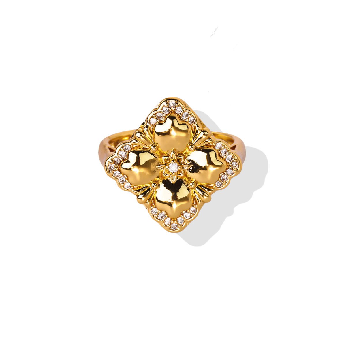 Clover Cushion Diamond Zircon Gold Statement Ring