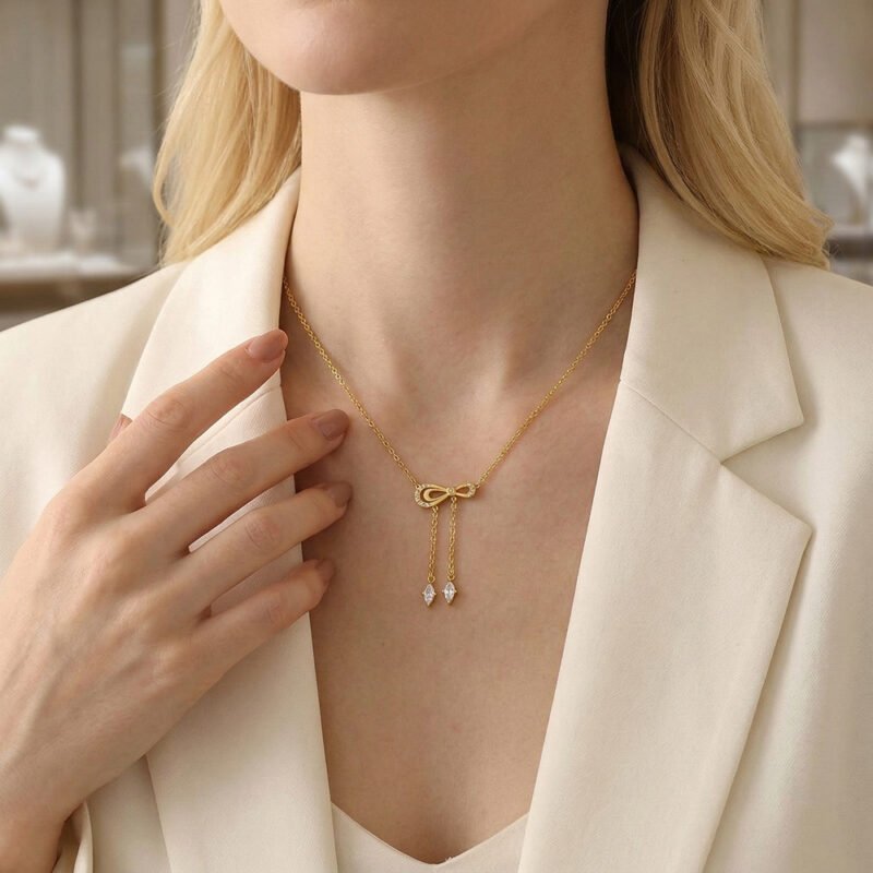 Crystal Bow Lariat Drop Zircon Necklace