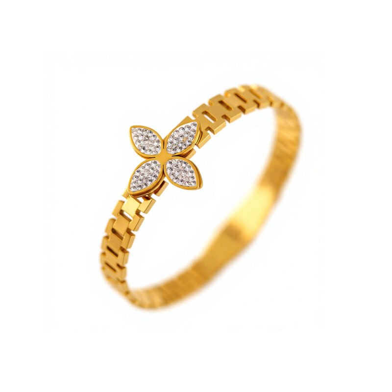 Crystal Clover Watch-Link Gold Bangle