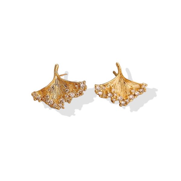 Crystal-Edge Ginkgo Leaf Gold Stud Earrings