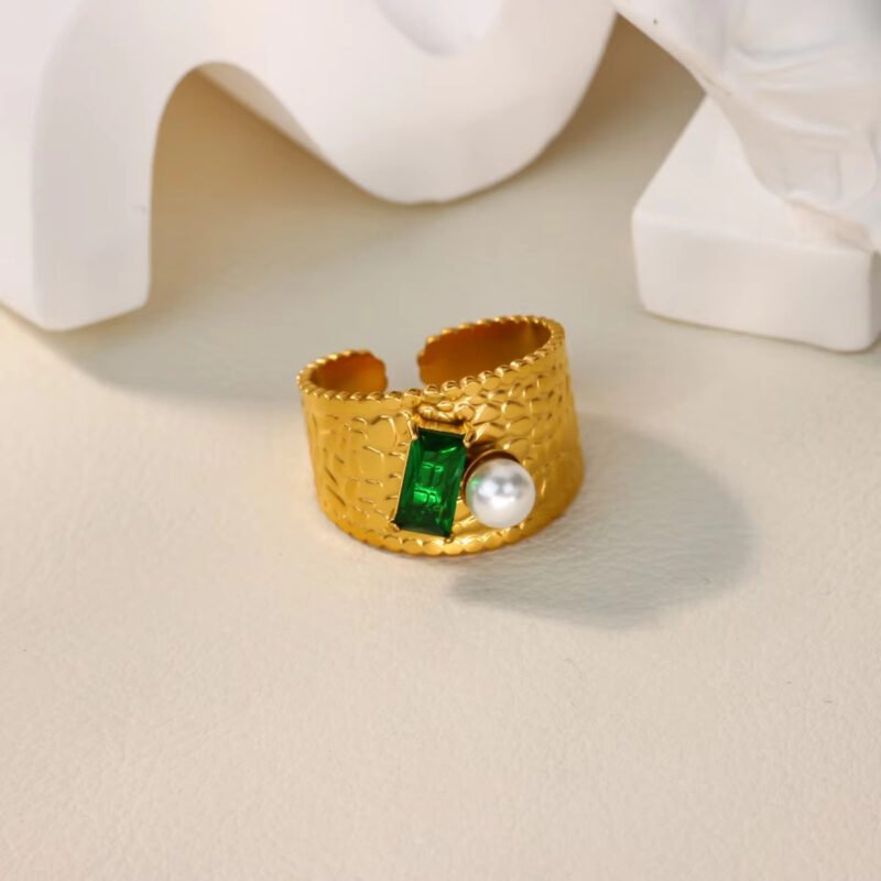 Emerald Pearl Textured Cuff Ring