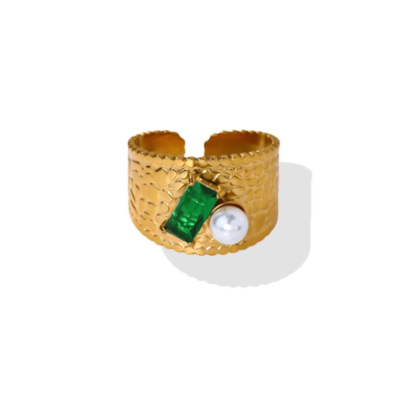 Emerald Pearl Textured Cuff Ring