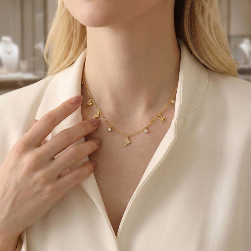 Garden Charm Leaf & Zircon Station Necklace