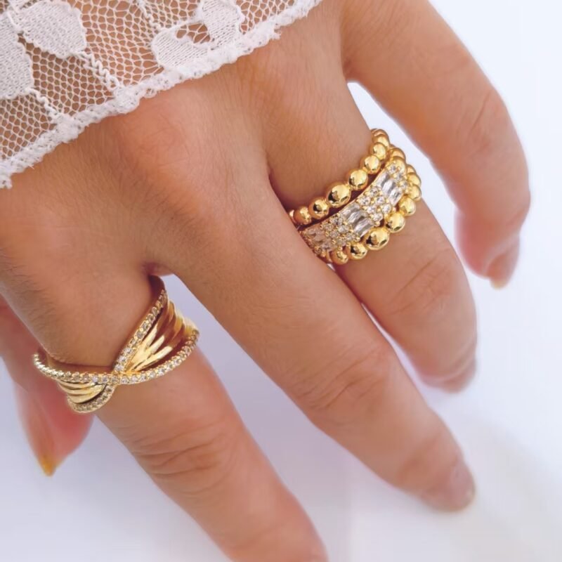 Gold Beaded Zircon Statement Ring