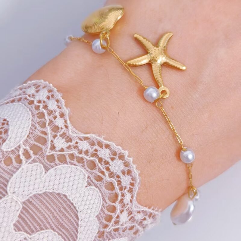 Golden Pearl Seashell & Starfish Charm Bracelet