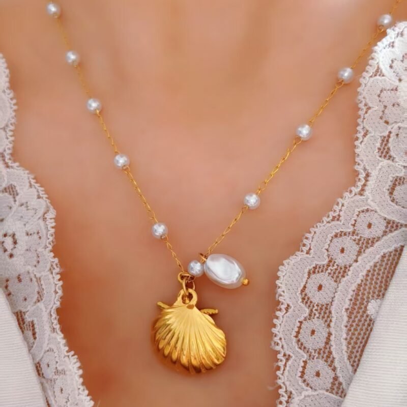 Golden Pearl Seashell & Starfish Charm Necklace